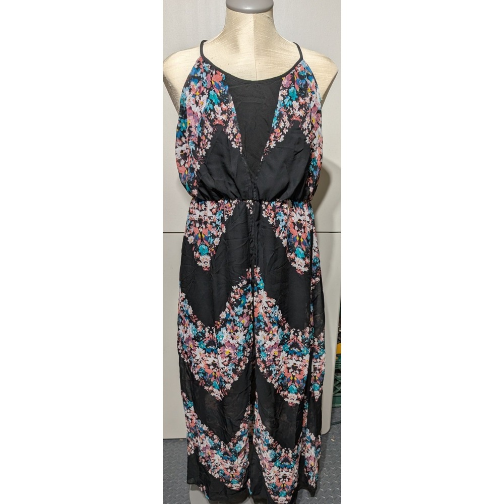 Xhilaration Black Floral Maxi Dress Y2K Sheer Cover slip grunge whimsy light L